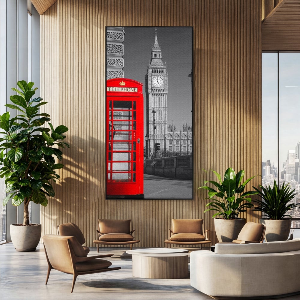 Tablou canvas cu tablou canvas cu cabina rosie si big ben, in rama de aluminiu negru, pe perete intr-un birou